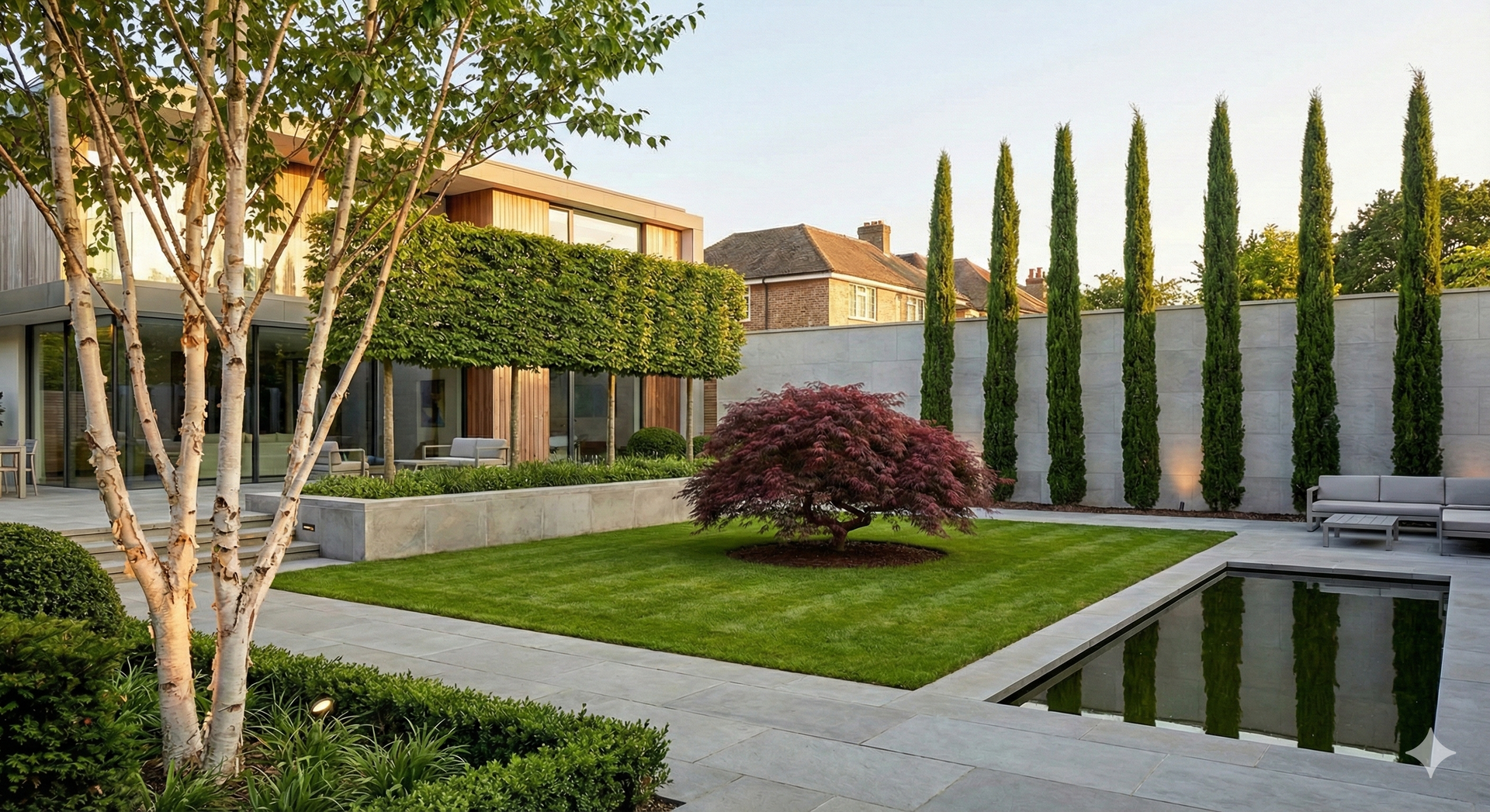 Architectural trees from Nangle and Niesen in a modern landscaped garden